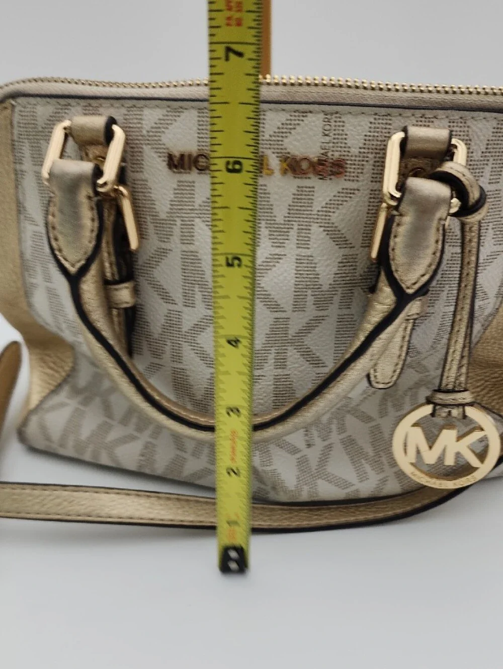 Michael Kors Metallic Gold Logo Satchel with Beige Paneling
